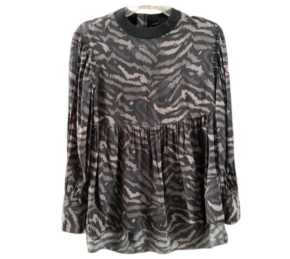 AllSaints Peplum Animal Print Blouse Black Gray Long Sleeve Flowy Top S Gothic